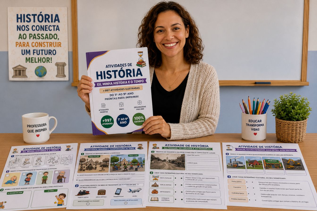 Atividades de História espalhadas sobre mesa — materiais coloridos e prontos para imprimir